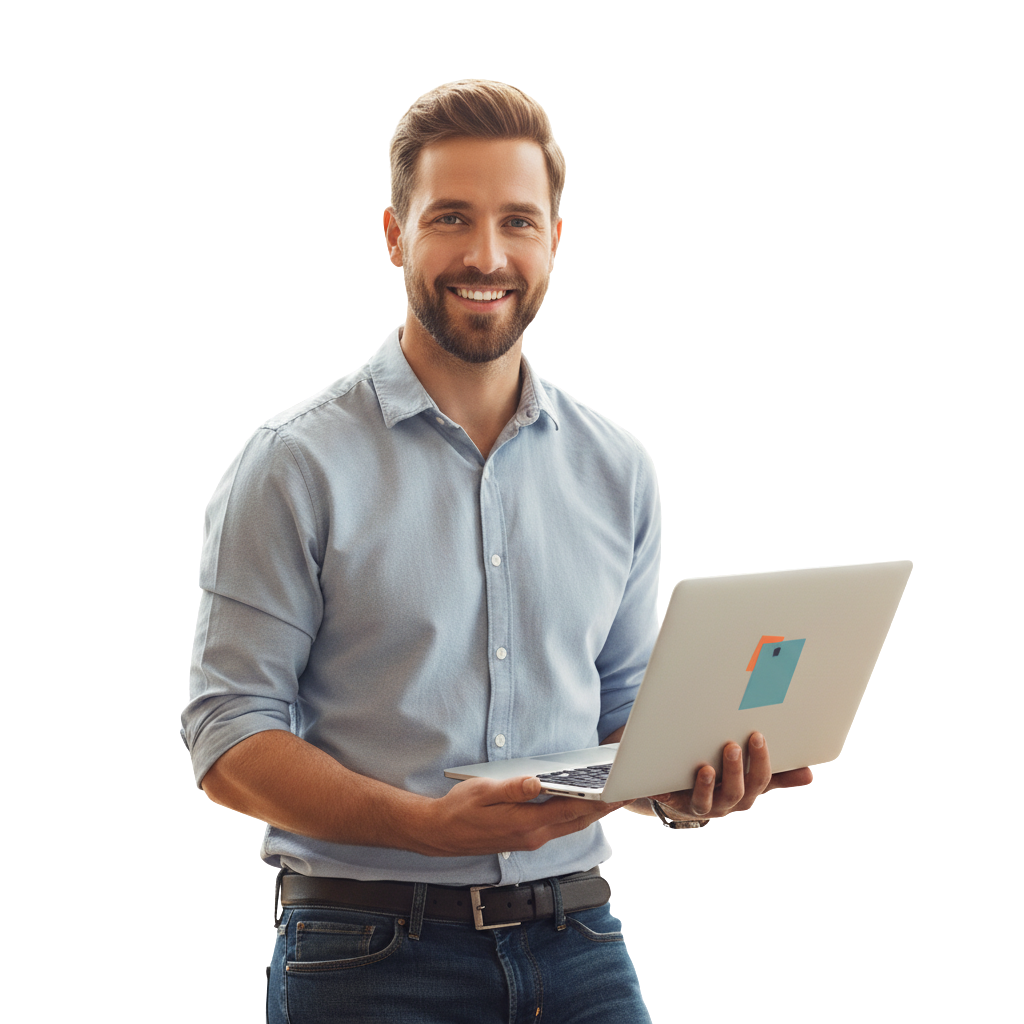 Alexyno holding a laptop and pointing